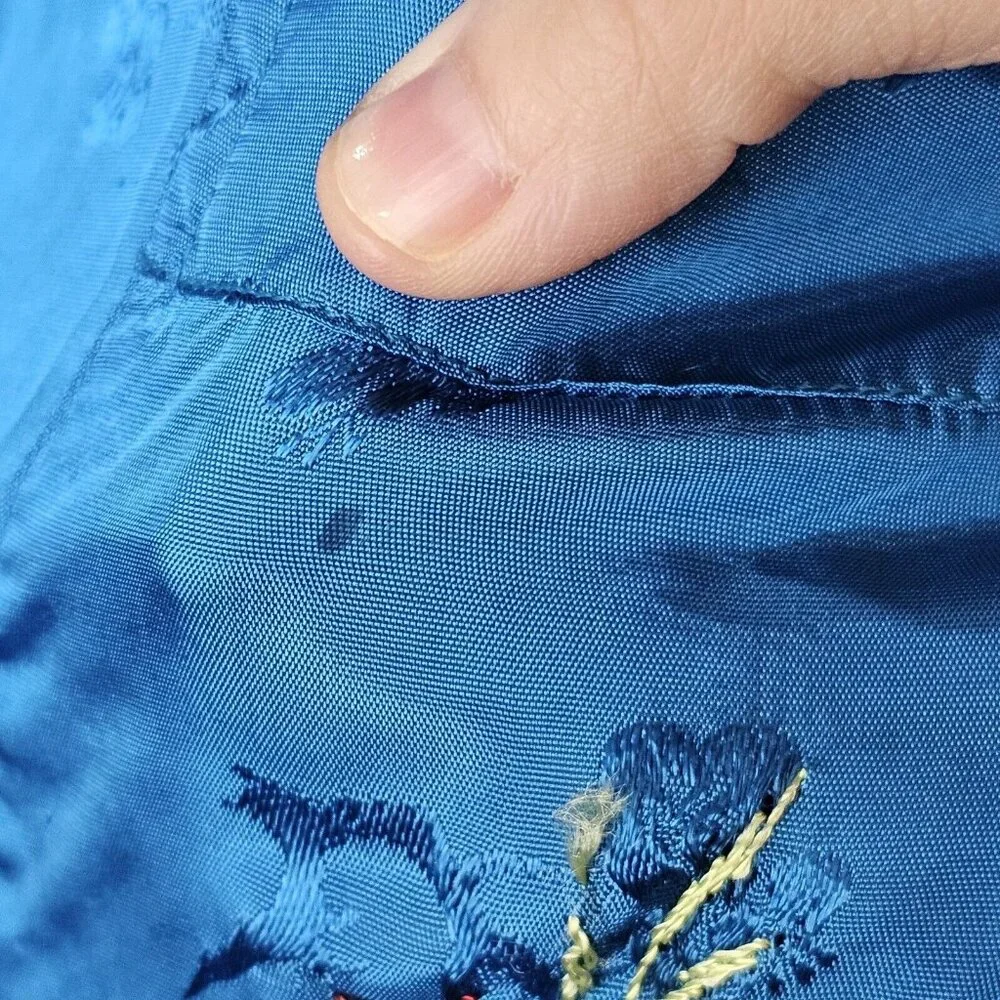 Vintage Chinese Kimono Robe‎ M Satin Blue Embroidered Flowers Bird Bed Jacket